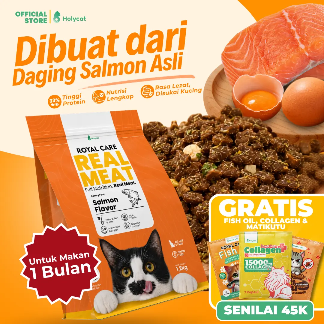 Exclusive Launch | Holycat Real Meat Makanan Kering Dry Food Kucing 1.2kg Salmon Grain Free Protein 33% Anti Rontok Makanan Kucing Kitten Dewasa Senior