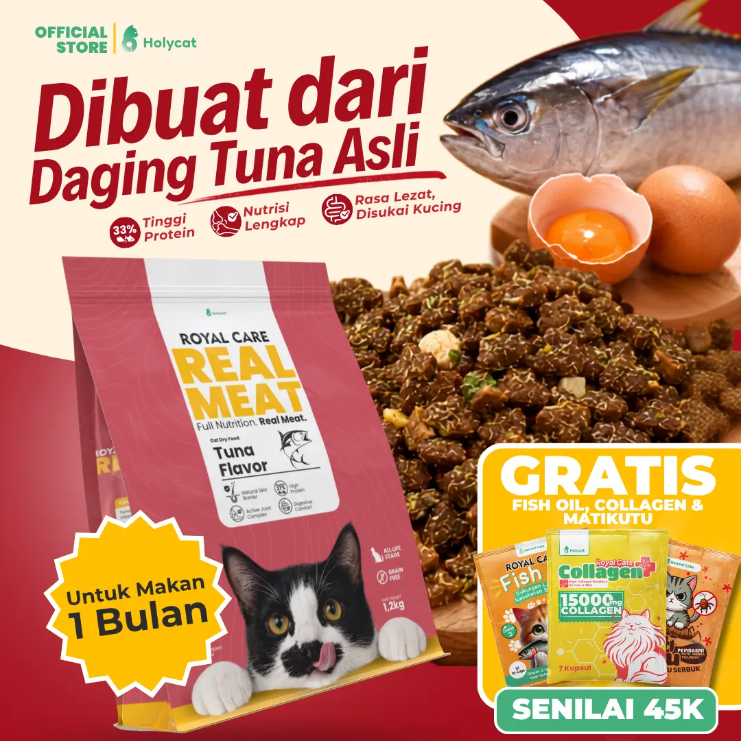 Exclusive Launch | Holycat Real Meat Makanan Kering Dry Food Kucing 1.2kg Tuna Grain Free Protein 33% Anti Rontok Makanan Kucing Kitten Dewasa Senior