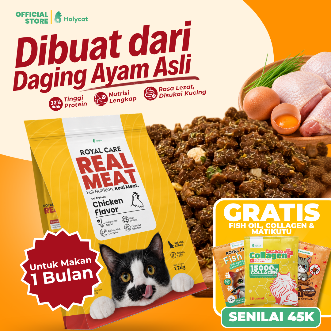 Exclusive Launch | Holycat Real Meat Makanan Kering Dry Food Kucing 1.2kg Ayam Grain Free Protein 33% Anti Rontok Makanan Kucing Kitten Dewasa Senior