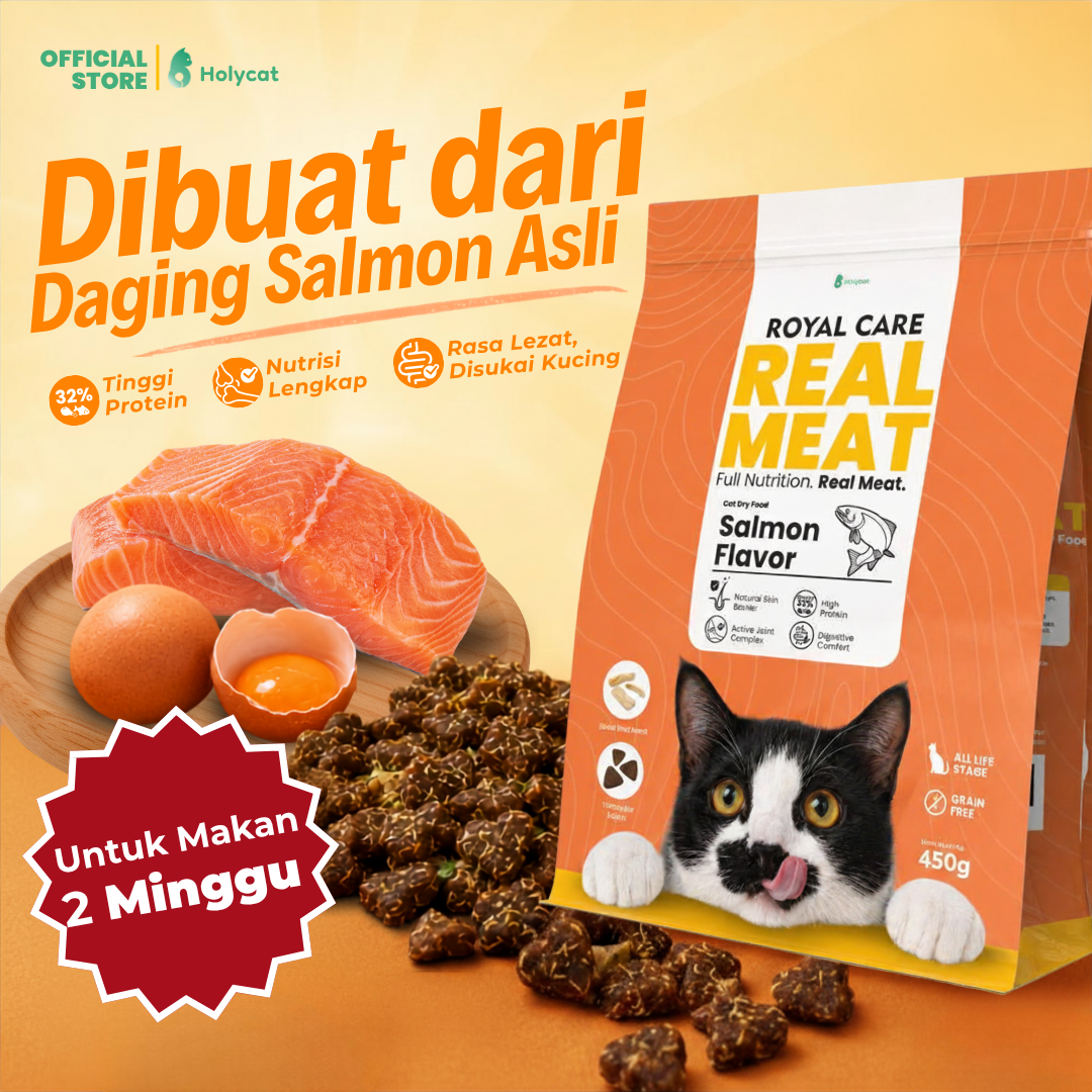 Exclusive Launch | Holycat Real Meat Makanan Kering Dry Food Kucing 450gr Salmon Grain Free Protein 33% Anti Rontok Makanan Kucing Kitten Dewasa Senior