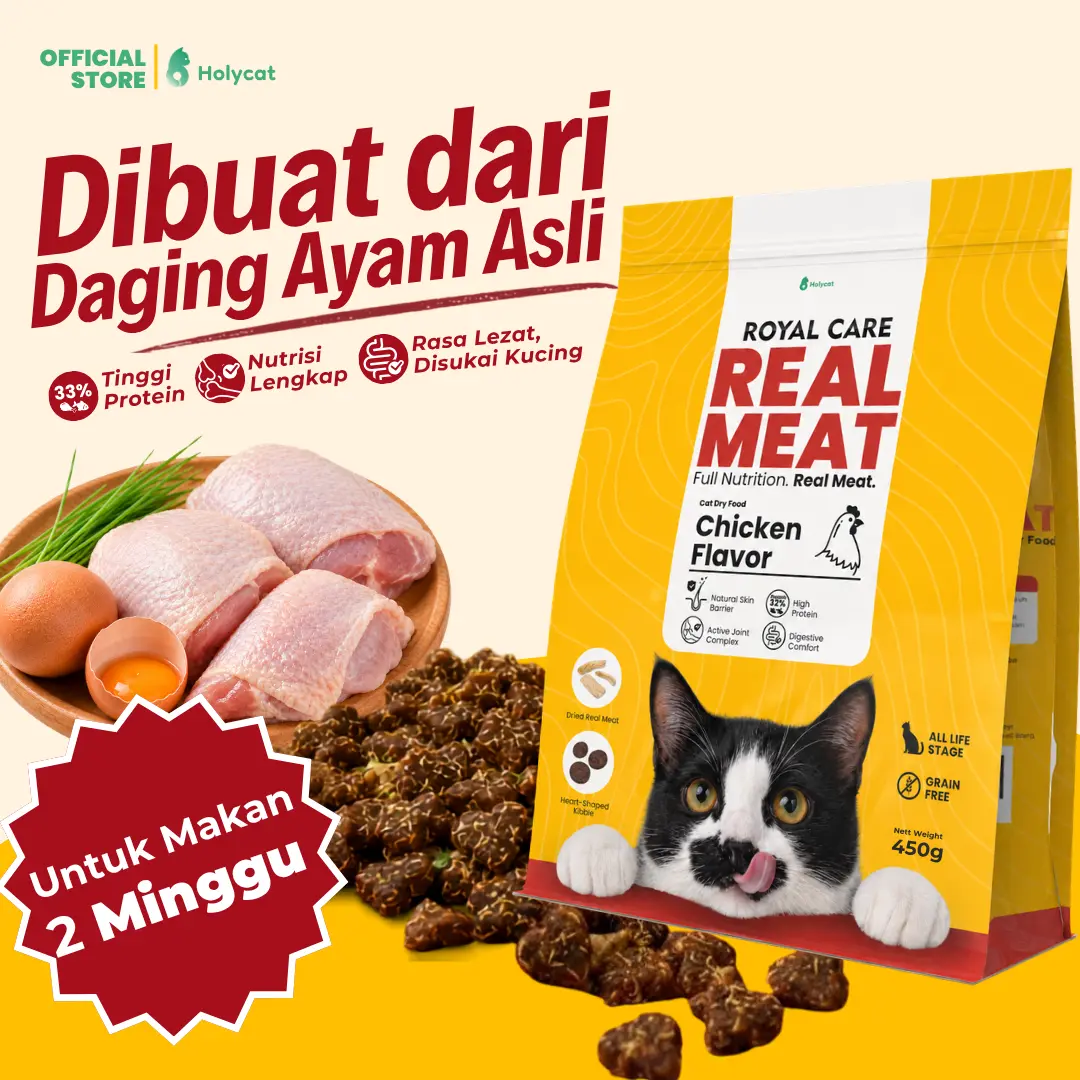 Exclusive Launch | Holycat Real Meat Makanan Kering Dry Food Kucing 450gr Ayam Grain Free Protein 33% Anti Rontok Makanan Kucing Kitten Dewasa Senior